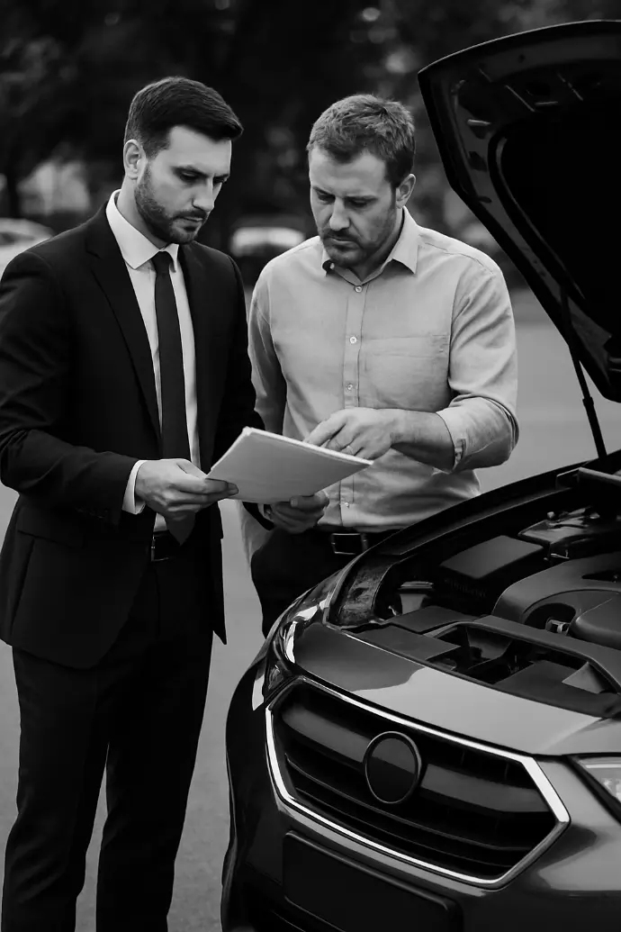 conseiller automobile examinant un dossier litige avec un client