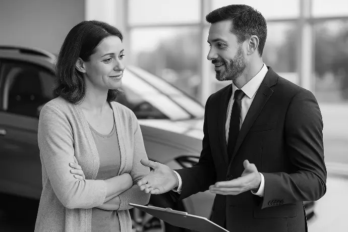 Cliente accompagnée d&#39;un conseiller discutant d&#39;un litige auto